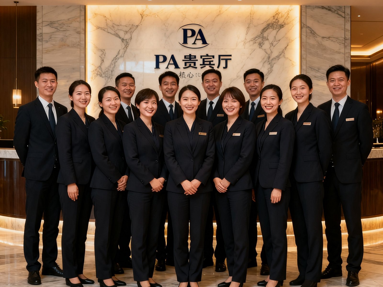 PA贵宾厅核心管理团队在酒店大堂合影，团队成员身着统一深色商务套装面带微笑，背景是典雅的大理石墙面和品牌标识墙，展现专业与凝聚力