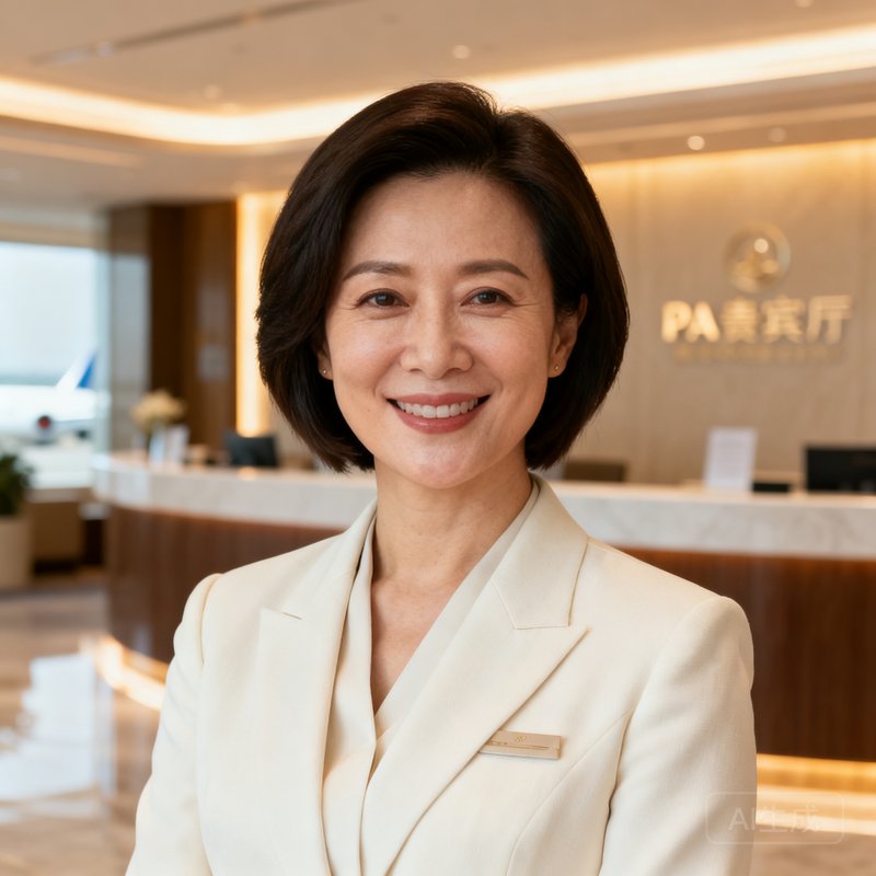 PA贵宾厅首席体验官苏敏女士半身肖像照，她年约38岁，身着米白色职业套装，短发干练，面带亲和微笑，背景是明亮雅致的贵宾厅接待区